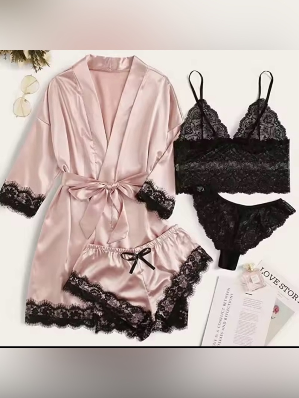 Silky Pink Satin Lace Trim 4-Piece Lingerie Set - Picture 4 of 5